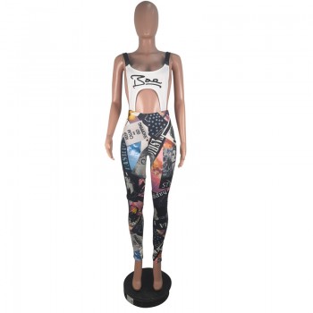 ANJAMANOR Fashion Graffiti Print Sexy Bodycon Jumpsuit Buckle Hollow Out Backless Overalls for Women Club Outfits D91-AC63
